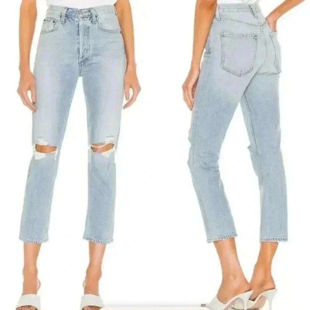New Agolde Riley High Rise Straight Crop Jeans In Clear Skies